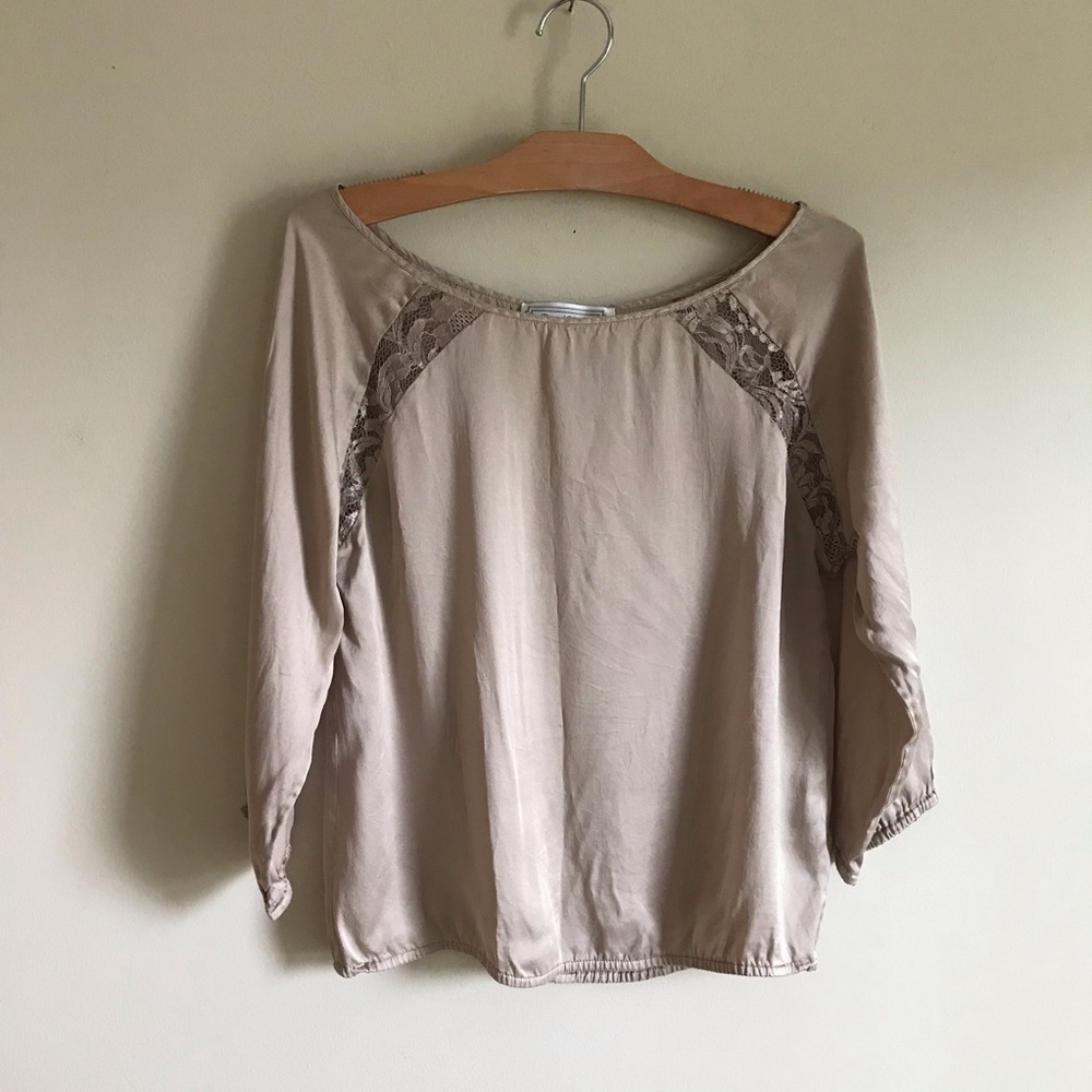 100% Silk Beyond Vintage Lace Boho Romantic Blouse Top Shirt Flowy Taupe Small